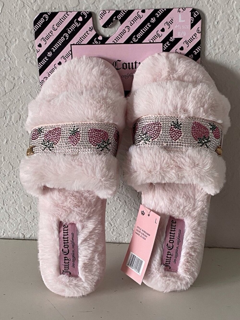 Juicy Couture GOJI Pink Strawberry Slippers Slides Rhinestones Faux Fur Sz L 8/9